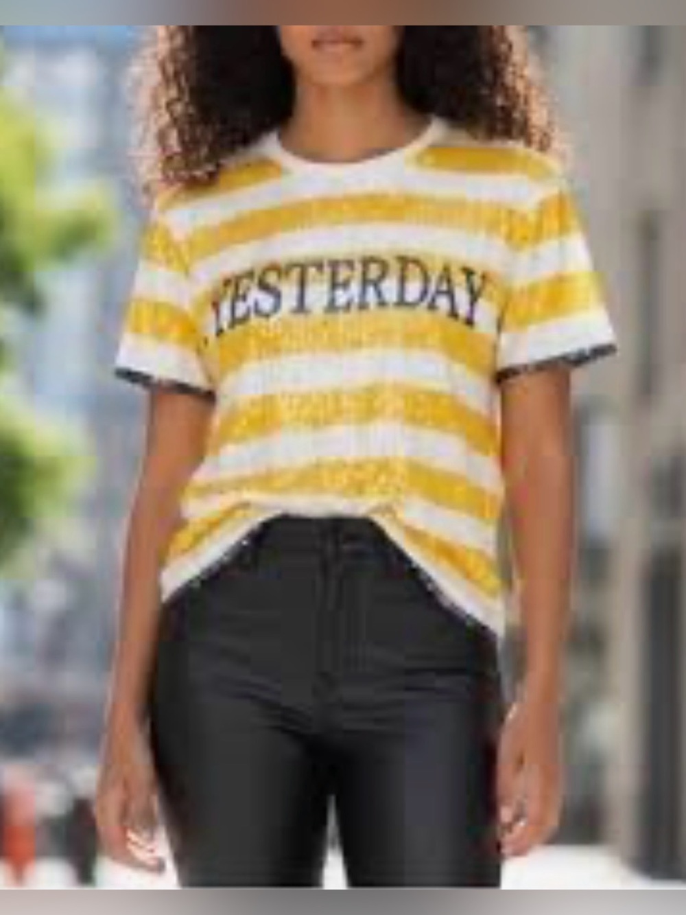 NWT ALBERTO FERRETTI SEQUINED “YESTERDAY" Yellow & White Stripe Tee
